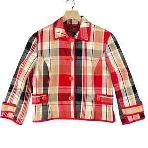Bandolino Women's Blazer Jacket Size 8 Red Plaid Stretch‎ Button Front Pockets